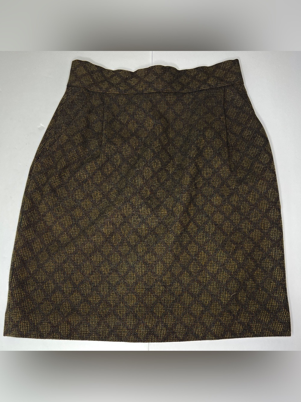 Vintage Kenneth Gordon 100% Wool Tweed Skirt Brown Blue Gold Academic Size 8
